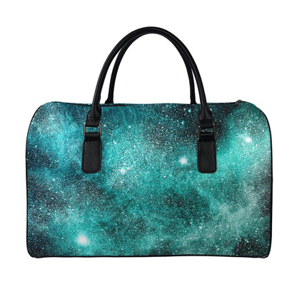 Teal Stardust Galaxy Space Print Leather Duffle Bag