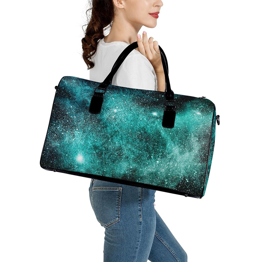 Teal Stardust Galaxy Space Print Leather Duffle Bag