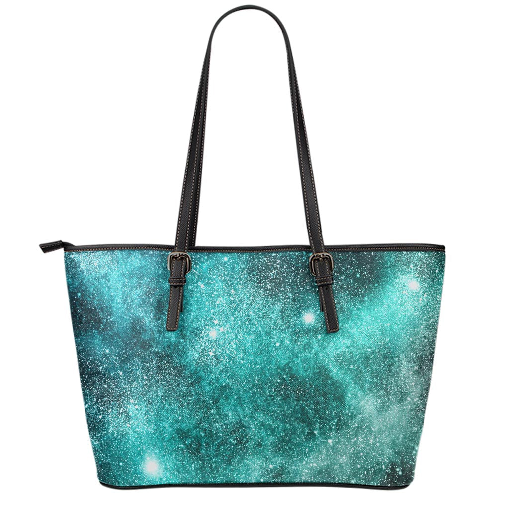 Teal Stardust Galaxy Space Print Leather Tote Bag