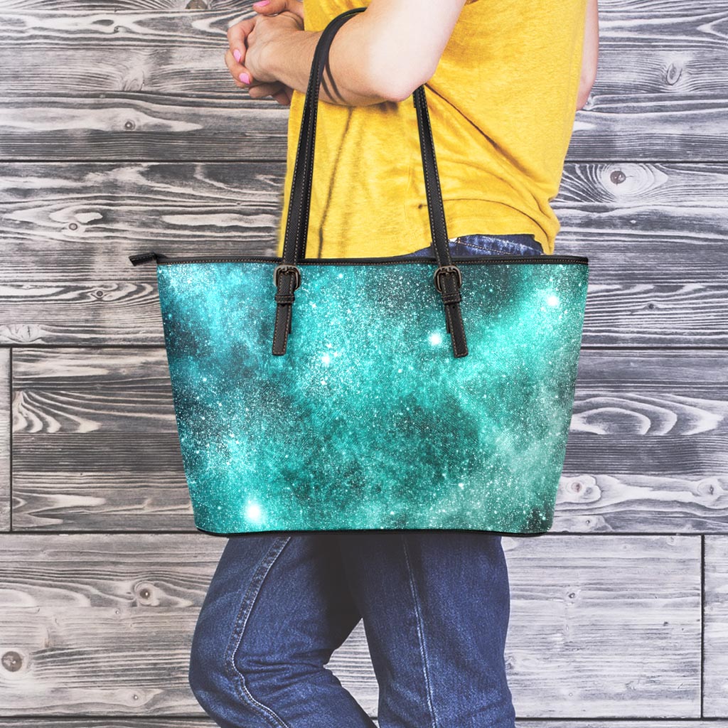 Teal Stardust Galaxy Space Print Leather Tote Bag