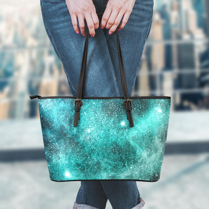 Teal Stardust Galaxy Space Print Leather Tote Bag