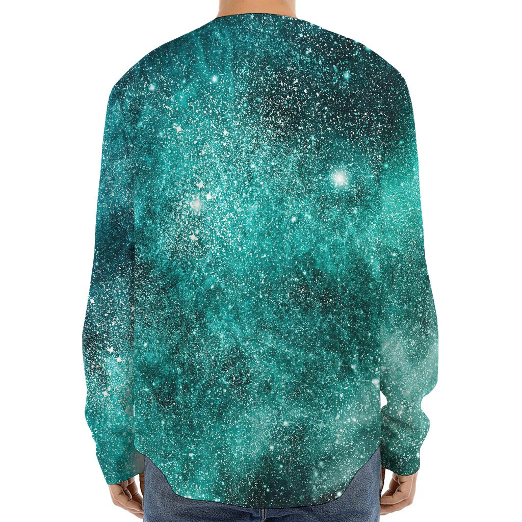 Teal Stardust Galaxy Space Print Long Sleeve Baseball Jersey