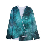 Teal Stardust Galaxy Space Print Long Sleeve Short Coat