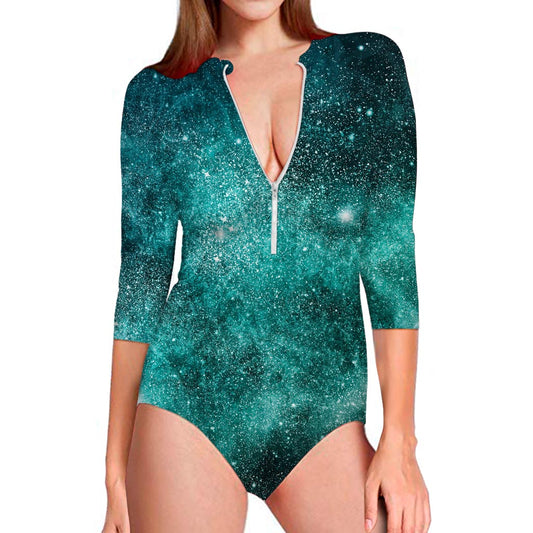 Teal Stardust Galaxy Space Print Long Sleeve Swimsuit
