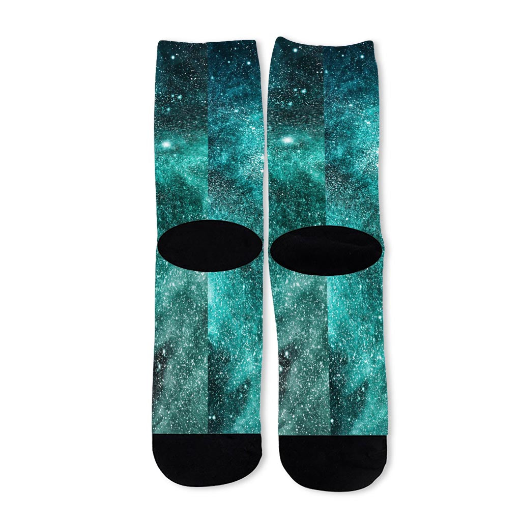 Teal Stardust Galaxy Space Print Long Socks