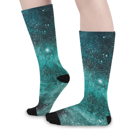 Teal Stardust Galaxy Space Print Long Socks