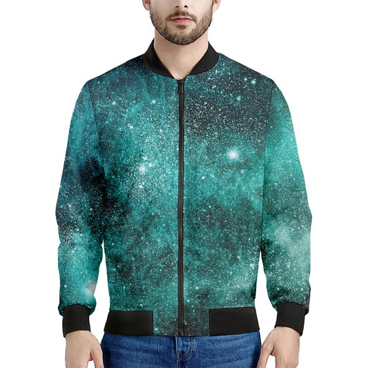 Teal Stardust Galaxy Space Print Men's Bomber Jacket
