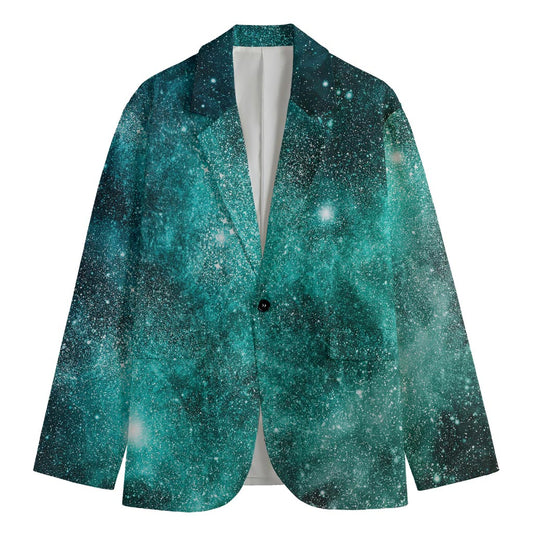 Teal Stardust Galaxy Space Print Men's Cotton Blazer