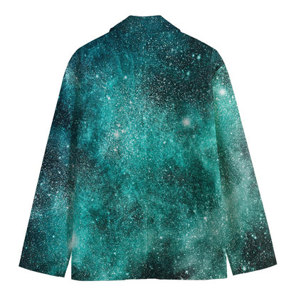 Teal Stardust Galaxy Space Print Men's Cotton Blazer