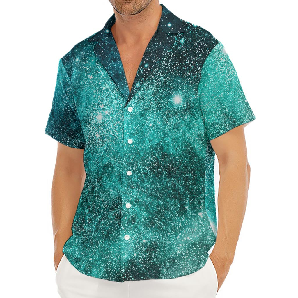 Teal Stardust Galaxy Space Print Men's Deep V-Neck Shirt