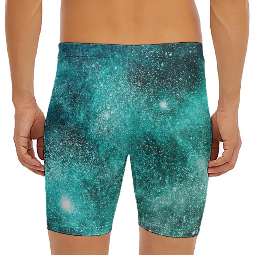 Teal Stardust Galaxy Space Print Men's Long Boxer Briefs