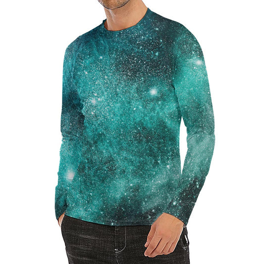 Teal Stardust Galaxy Space Print Men's Long Sleeve Rash Guard