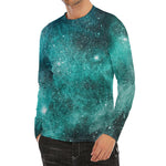 Teal Stardust Galaxy Space Print Men's Long Sleeve Rash Guard
