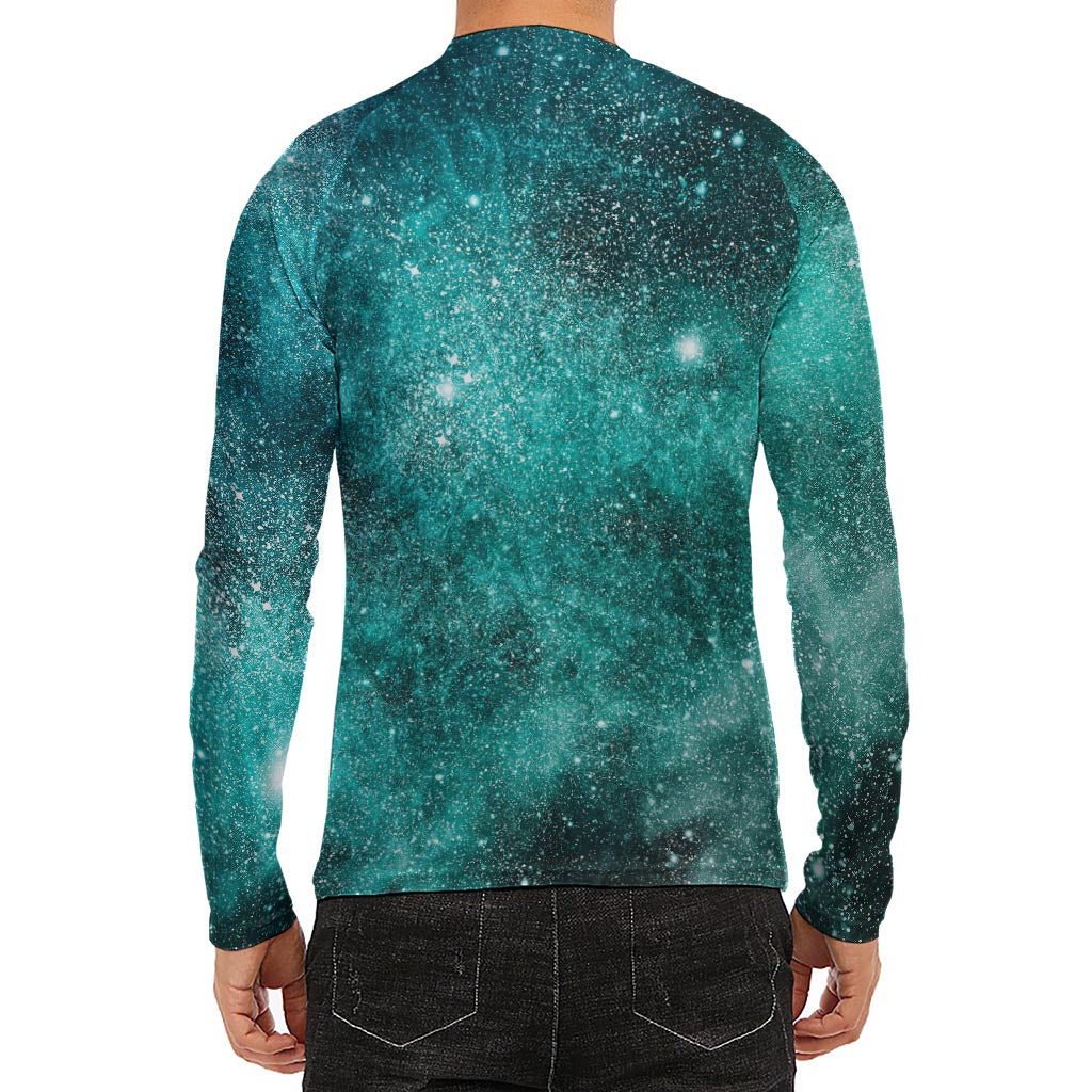 Teal Stardust Galaxy Space Print Men's Long Sleeve Rash Guard