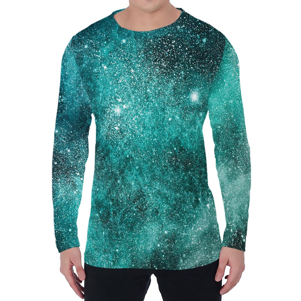 Teal Stardust Galaxy Space Print Men's Long Sleeve T-Shirt