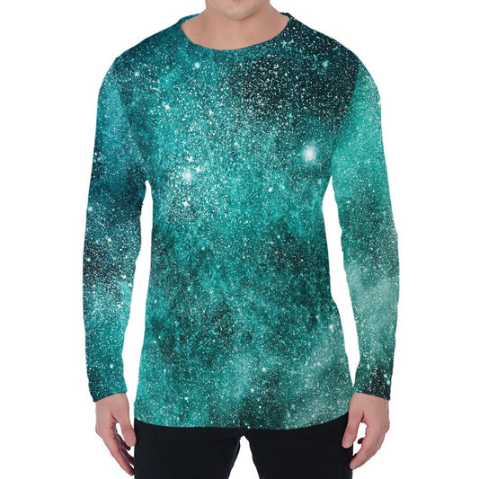 Teal Stardust Galaxy Space Print Men's Long Sleeve T-Shirt