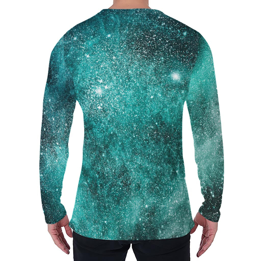 Teal Stardust Galaxy Space Print Men's Long Sleeve T-Shirt