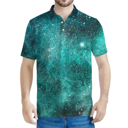Teal Stardust Galaxy Space Print Men's Polo Shirt