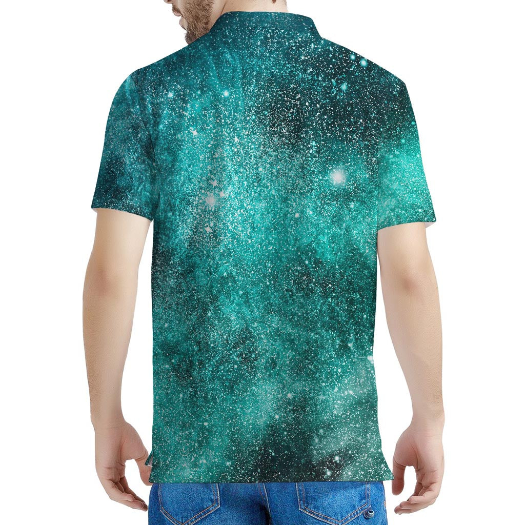 Teal Stardust Galaxy Space Print Men's Polo Shirt