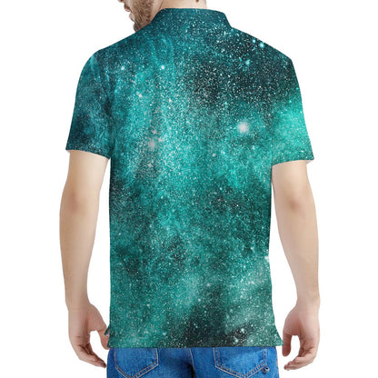 Teal Stardust Galaxy Space Print Men's Polo Shirt