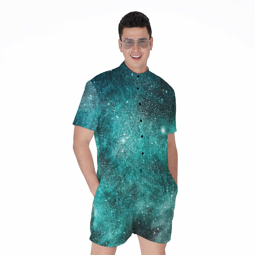 Teal Stardust Galaxy Space Print Men's Rompers