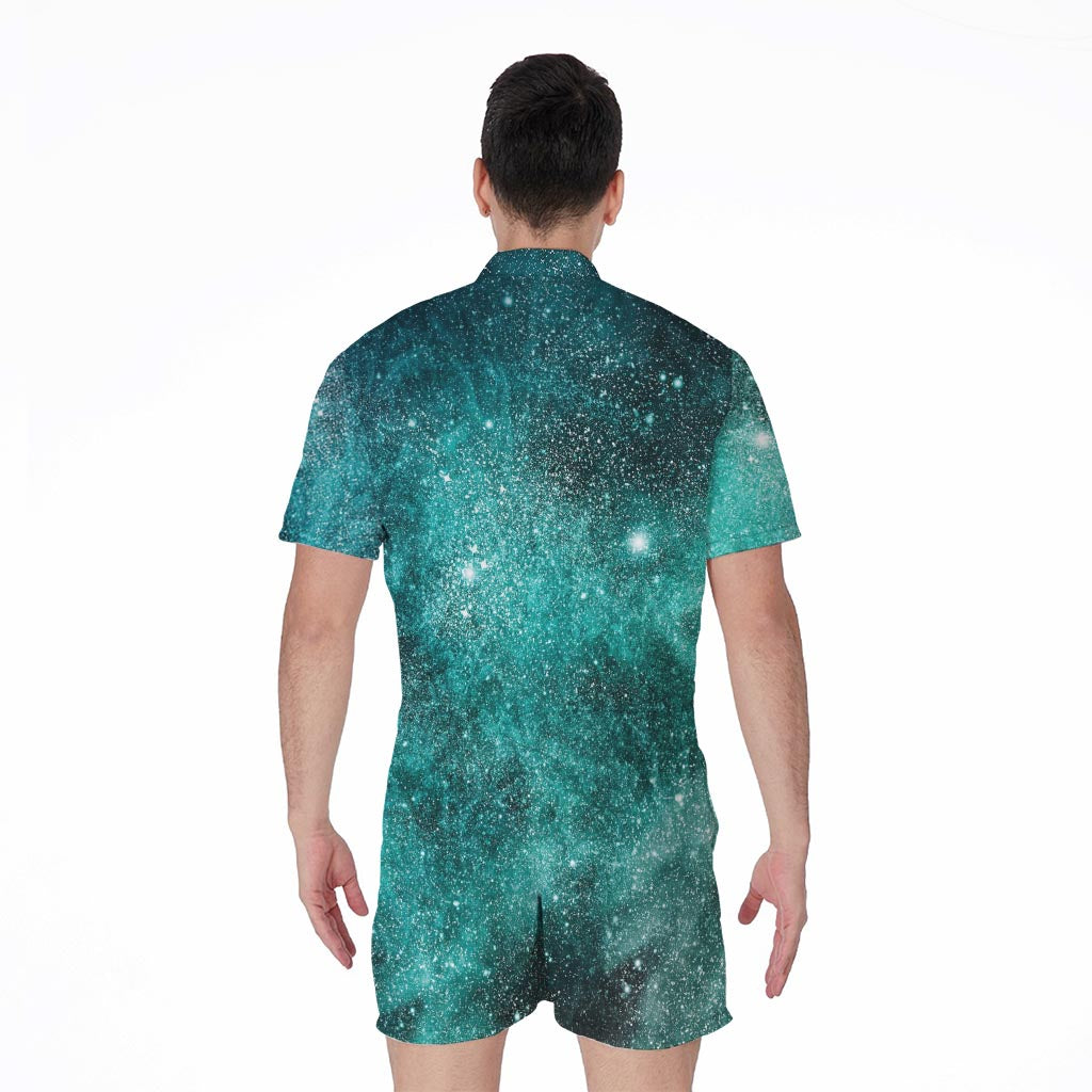 Teal Stardust Galaxy Space Print Men's Rompers