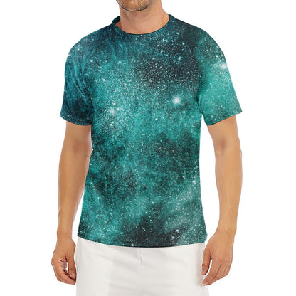 Teal Stardust Galaxy Space Print Men's Short Sleeve Rash Guard
