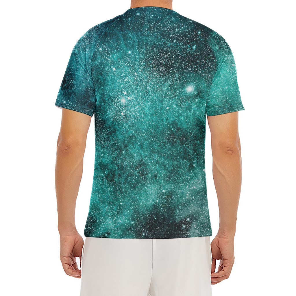 Teal Stardust Galaxy Space Print Men's Short Sleeve Rash Guard