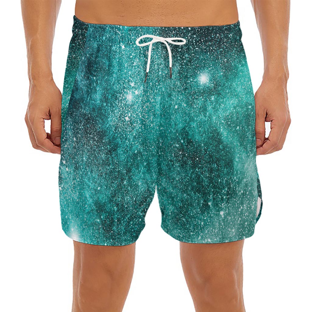 Teal Stardust Galaxy Space Print Men's Split Running Shorts