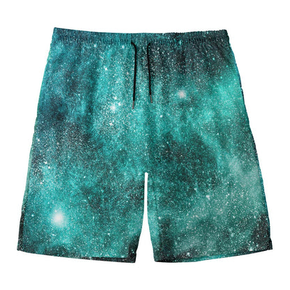 Teal Stardust Galaxy Space Print Men's Swim Trunks