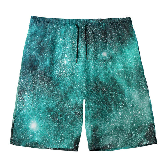 Teal Stardust Galaxy Space Print Men's Swim Trunks