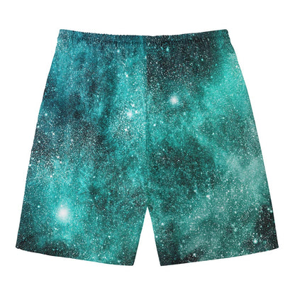 Teal Stardust Galaxy Space Print Men's Swim Trunks