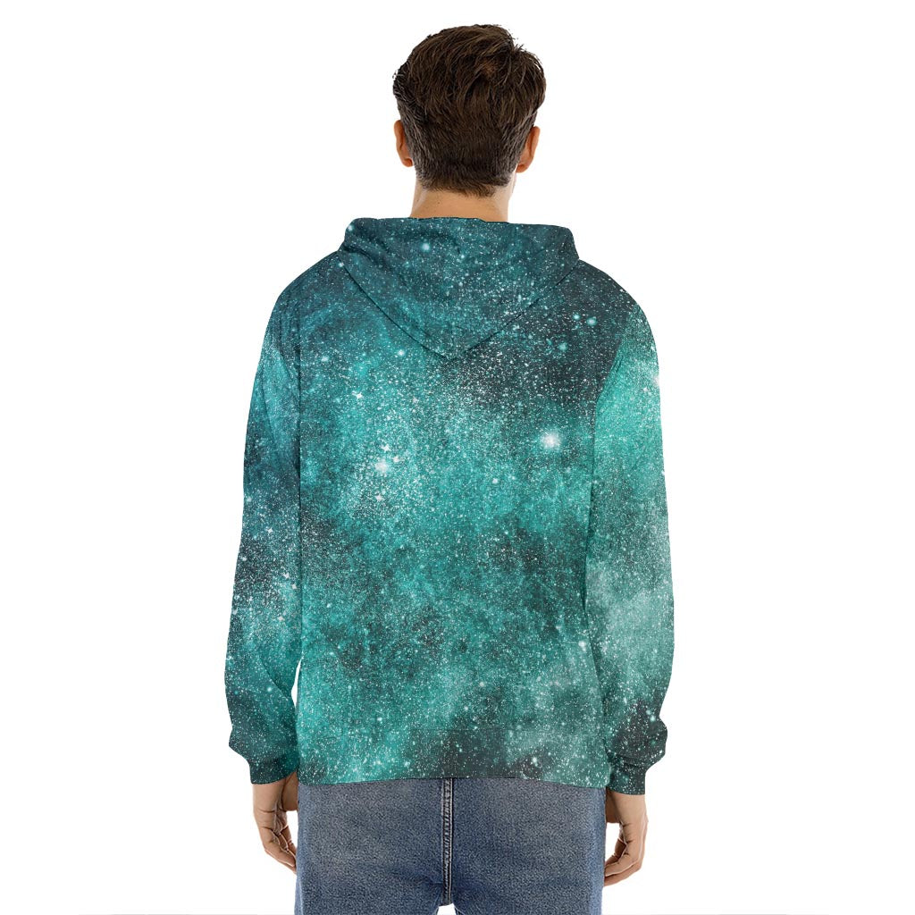 Teal Stardust Galaxy Space Print Men's Velvet Pullover Hoodie