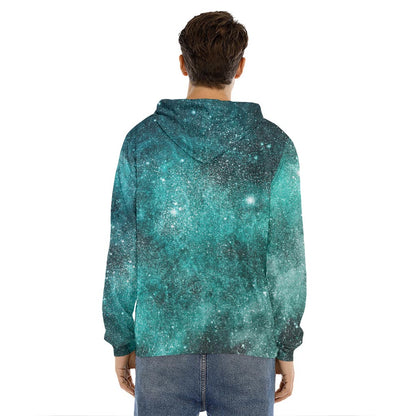 Teal Stardust Galaxy Space Print Men's Velvet Pullover Hoodie