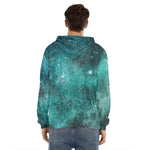 Teal Stardust Galaxy Space Print Men's Velvet Pullover Hoodie