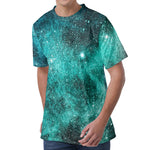 Teal Stardust Galaxy Space Print Men's Velvet T-Shirt