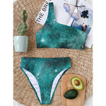 Teal Stardust Galaxy Space Print One Shoulder Bikini Top