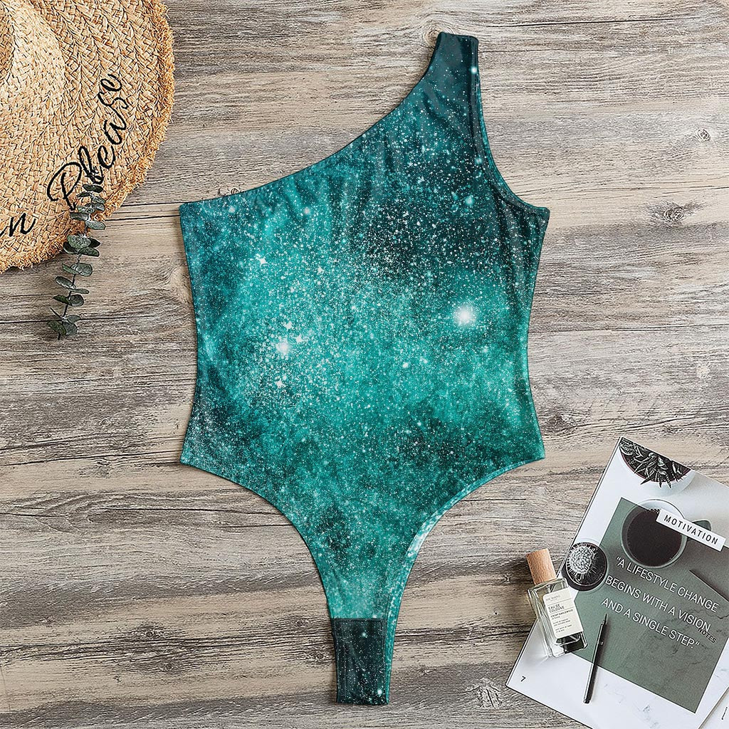 Teal Stardust Galaxy Space Print One Shoulder Bodysuit