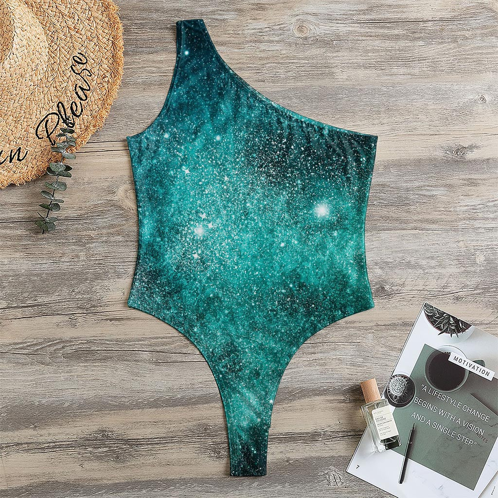Teal Stardust Galaxy Space Print One Shoulder Bodysuit