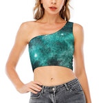 Teal Stardust Galaxy Space Print One Shoulder Crop Top