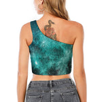 Teal Stardust Galaxy Space Print One Shoulder Crop Top