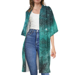 Teal Stardust Galaxy Space Print Open Front Beach Cover Up