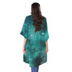 Teal Stardust Galaxy Space Print Open Front Beach Cover Up