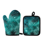 Teal Stardust Galaxy Space Print Oven Mitt And Pot Holder Set