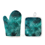 Teal Stardust Galaxy Space Print Oven Mitt And Pot Holder Set
