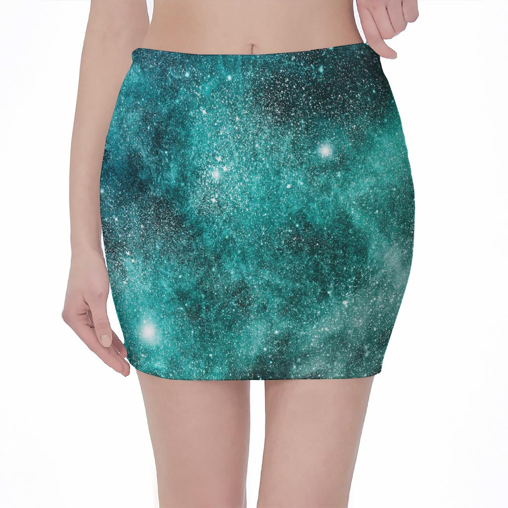 Teal Stardust Galaxy Space Print Pencil Mini Skirt