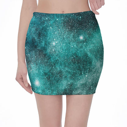 Teal Stardust Galaxy Space Print Pencil Mini Skirt