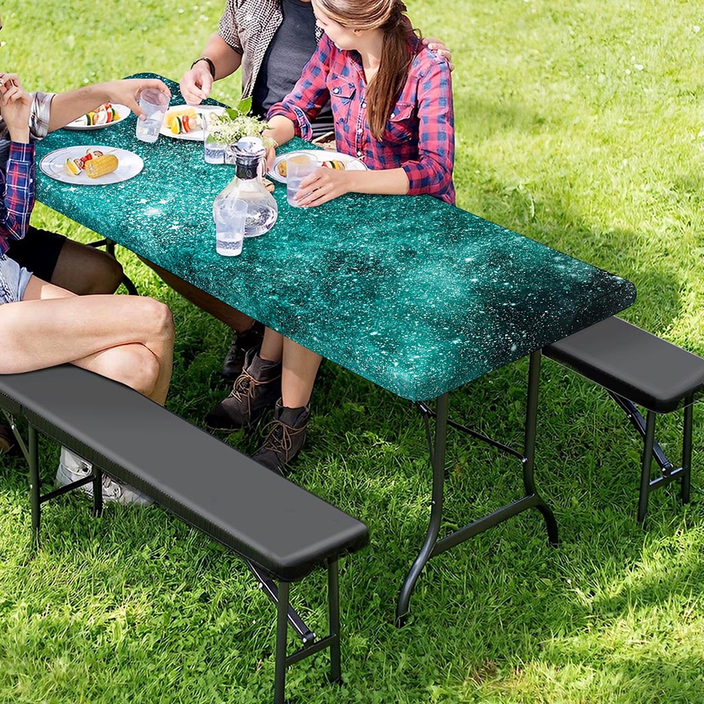 Teal Stardust Galaxy Space Print Picnic Table Cover