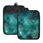 Teal Stardust Galaxy Space Print Pot Holders With Pocket