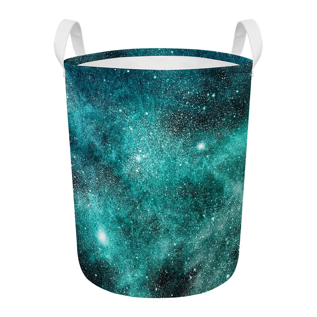 Teal Stardust Galaxy Space Print Round Laundry Basket